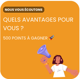 Illustration United Heroes : personnage tenant un mégaphone, avec le texte Nous vous écoutons, Quels avantages pour vous ?, 500 points à gagner