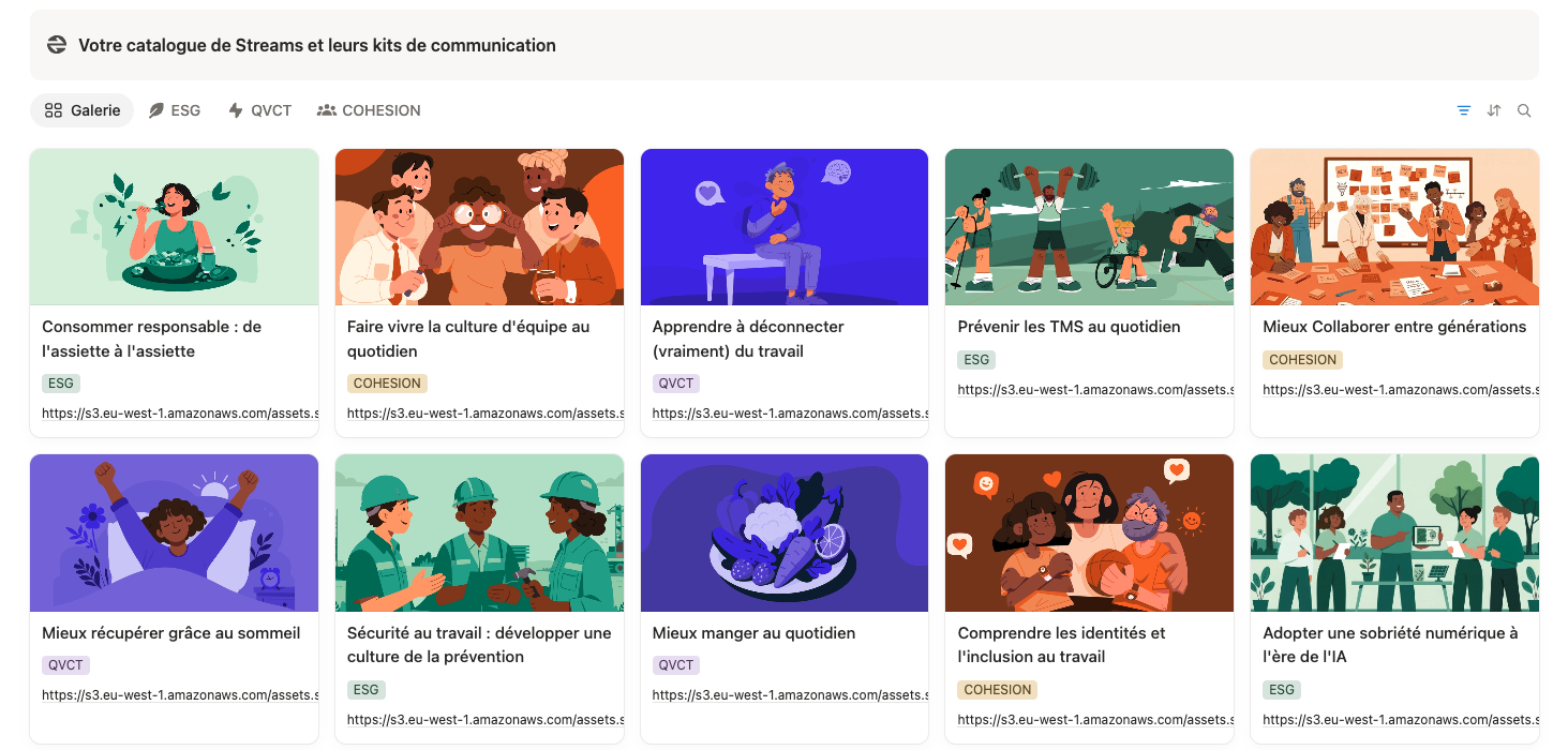 Capture d'écran du catalogue de Streams et de leurs kits de communication