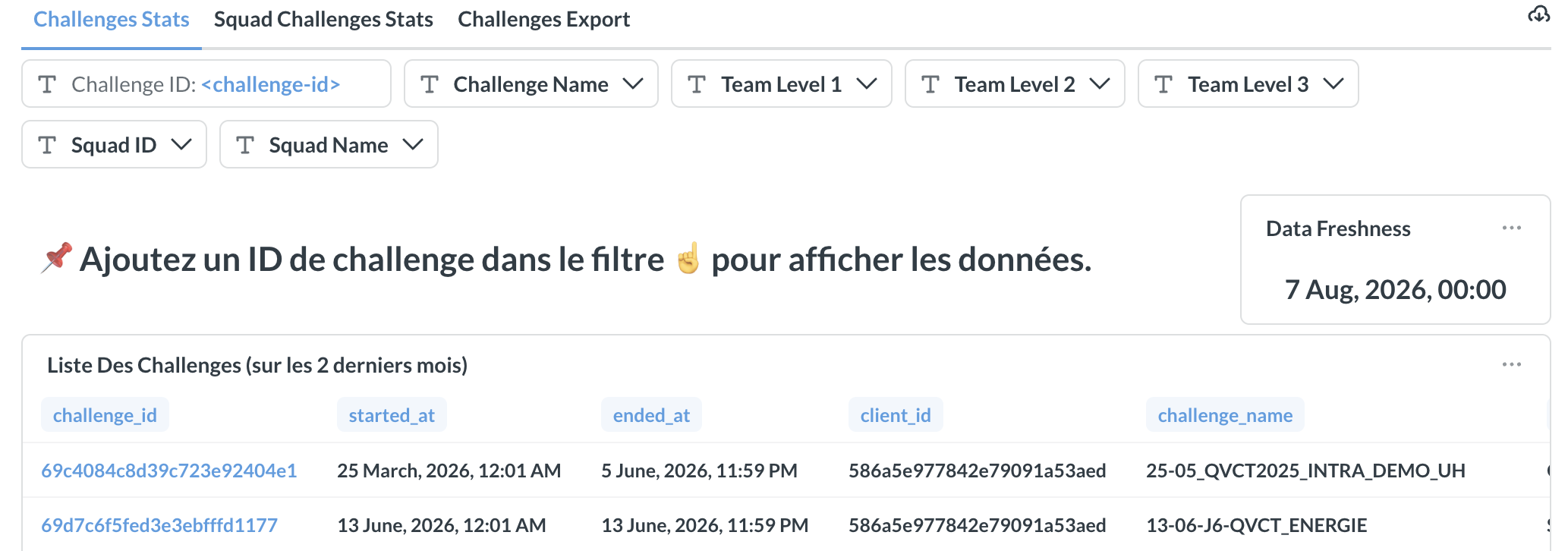 Page Challenges : filtres par Challenge ID, Challenge Name, Team Level et Squad, et liste des challenges