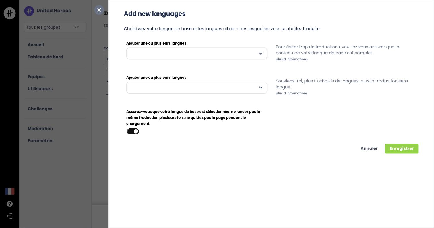 Fenêtre de traduction automatique, avec choix de la langue de base et des langues cibles