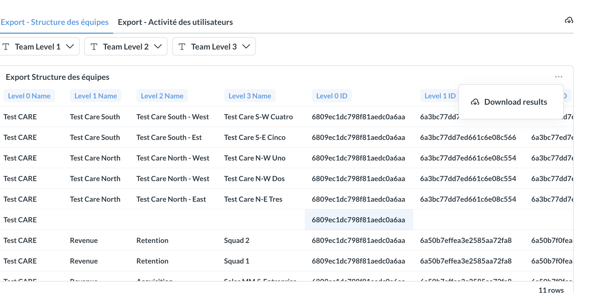 Capture d'écran de l'onglet Export - Structure des équipes, avec le menu Download results ouvert