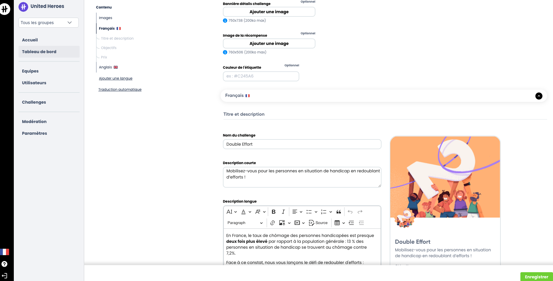 Écran de modification du contenu d'un challenge, section Titre et description