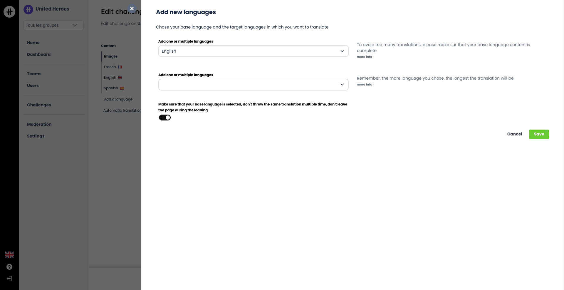 Automatic translation window, with the choice of base language and target languages