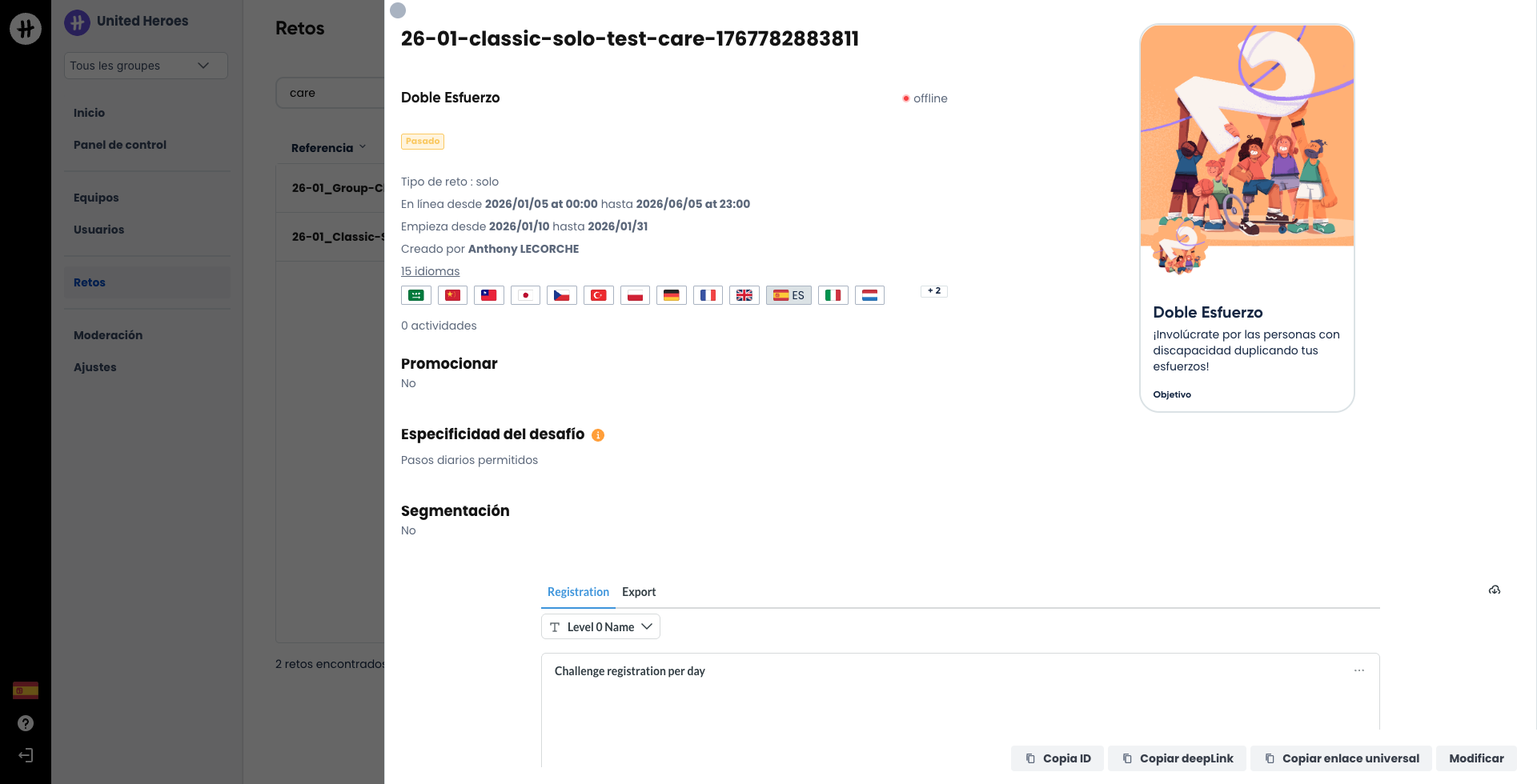 Página de detalle de un reto, con el botón Modificar en la esquina inferior derecha