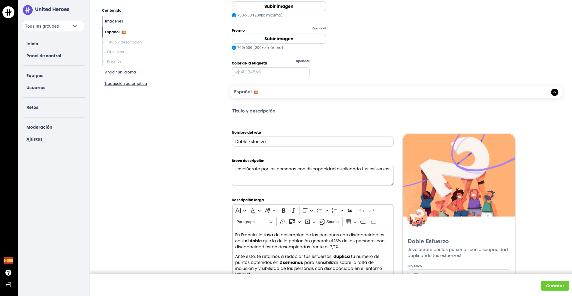 Pantalla de edición del contenido de un reto, sección Título y descripción