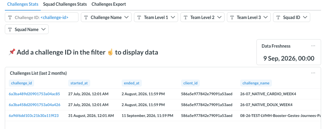Challenges page: filters by Challenge ID, Challenge Name, Team Level, and Squad, and list of challenges