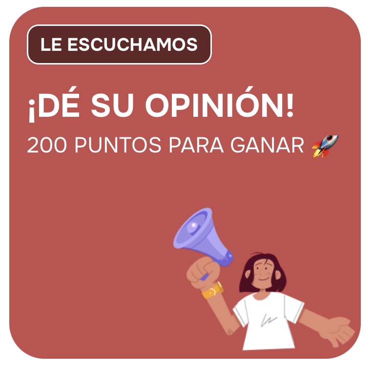 Ilustración de United Heroes: personaje sosteniendo un megáfono, con el texto Le escuchamos, ¡Dé su opinión!, 200 puntos para ganar