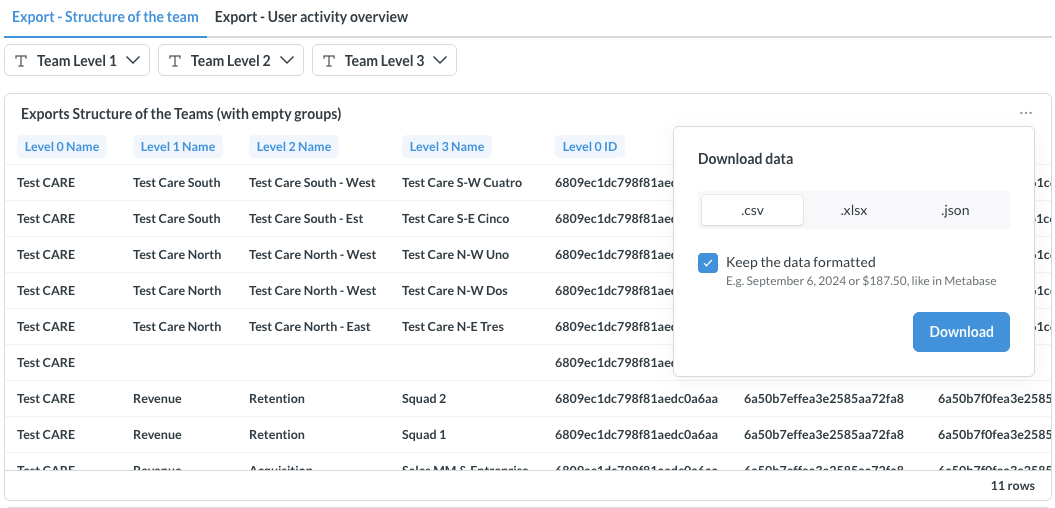 Screenshot of the download window with the export format options