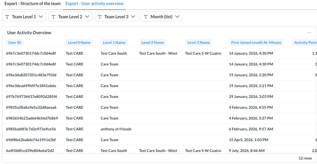 Captura de pantalla de la pestaña Export - User activity overview