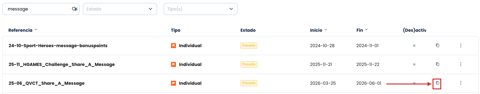 Captura de pantalla de la información del Reto con el icono de copiar ID resaltado