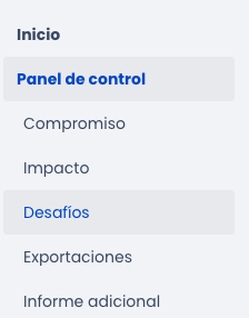 Captura de pantalla del menú Panel con la sección Challenges resaltada