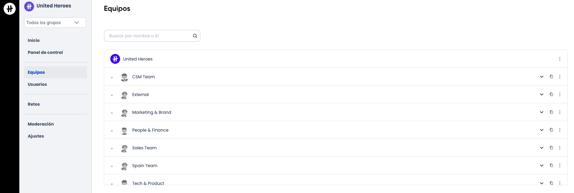 Captura de pantalla de la lista de equipos